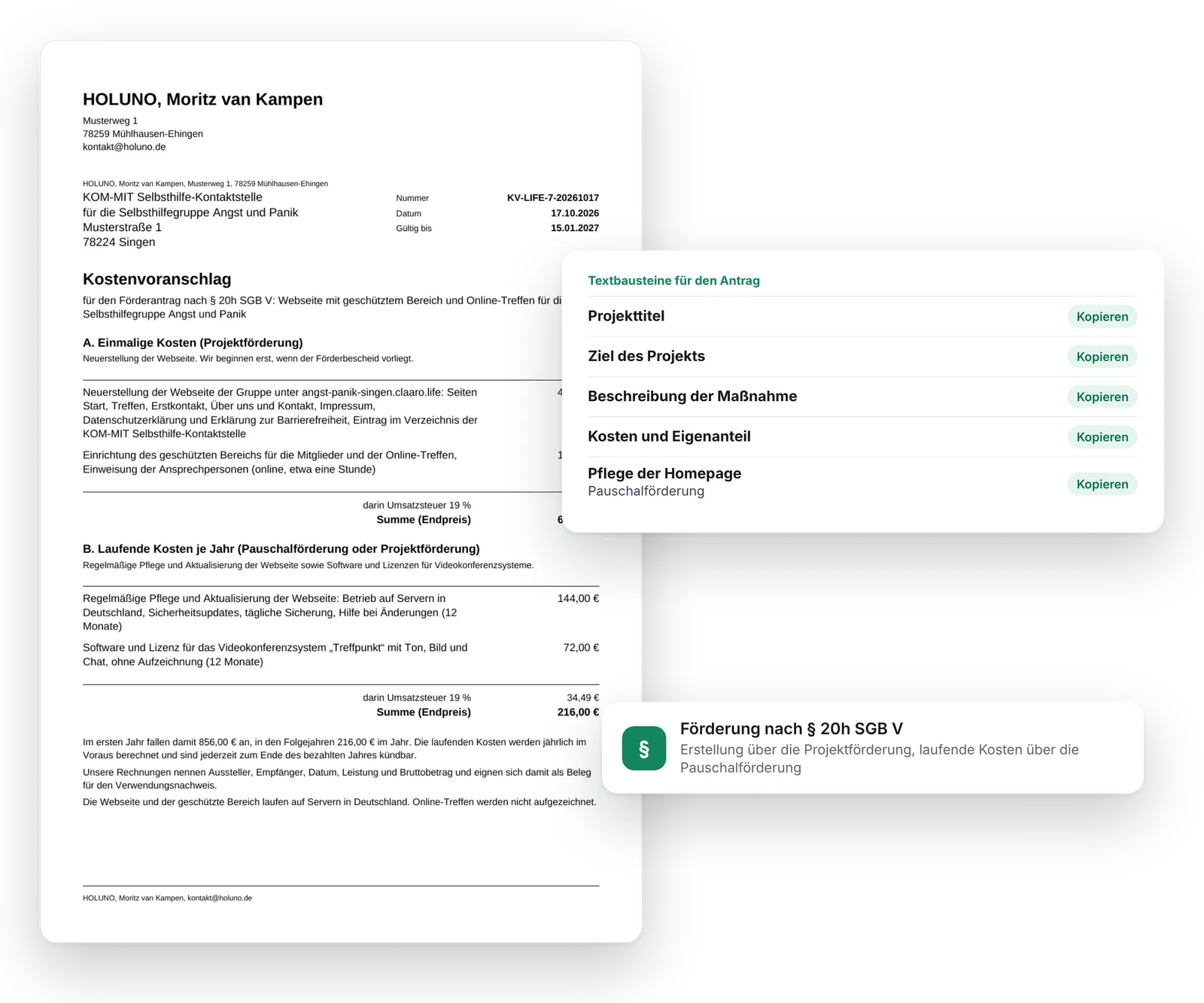 Kostenvoranschlag und Textbausteine für den Förderantrag – HOLUNO Life